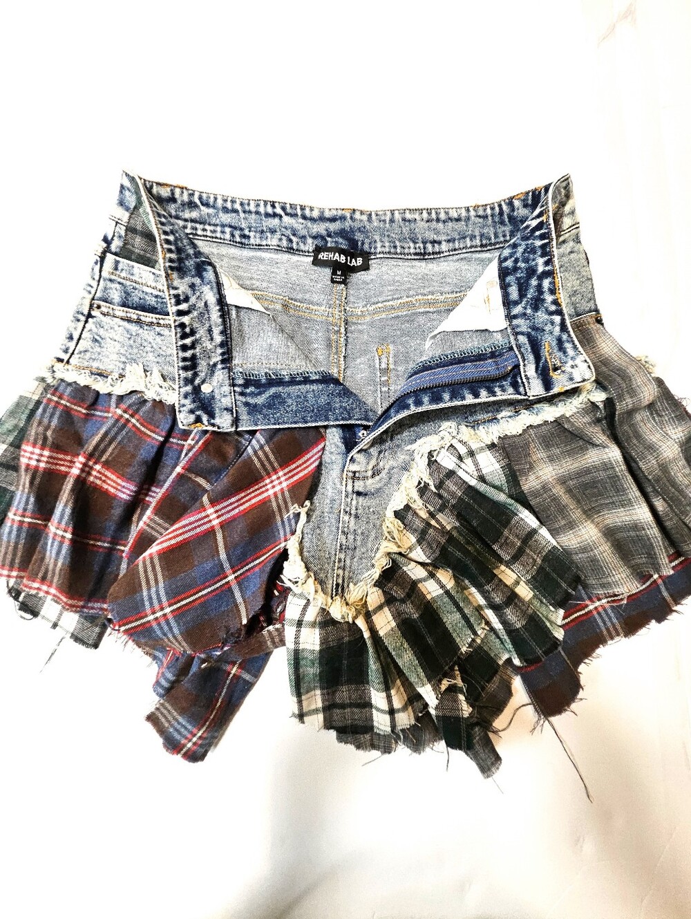 NWOT Rehab Lab Patchwork Plaid Denim Skort Shorts Y2K Grunge Aesthetic Size M